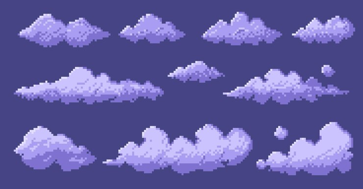 Vector pixel 8 bit nubes retro juego de video fondo del cielo digital 2d sprite activo nubes blancas azules formas para el diseño de juegos conjunto aislado vectorial