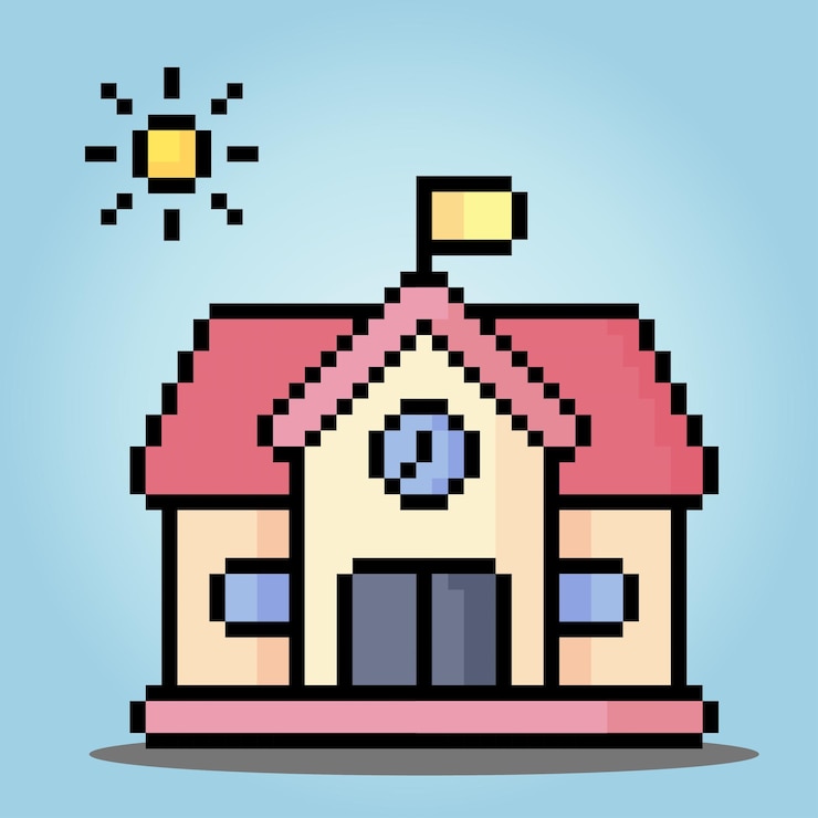 Vector píxel de 8 bits del icono del edificio de la escuela en la ilustración vectorial para activos del juego e iconos web