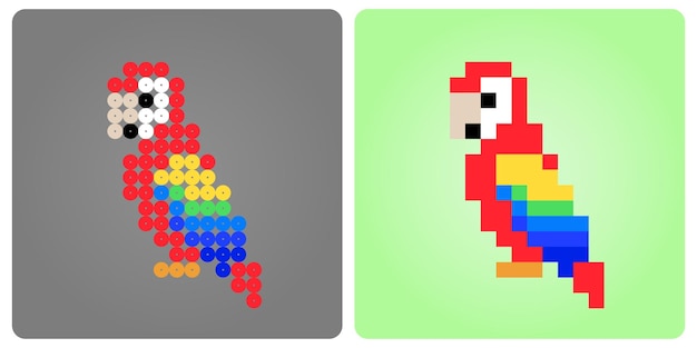 Píxel de 8 bits de loros Animal en ilustración vectorial para activos de juegos y patrón de cuentas