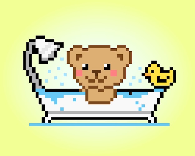 Pixel 8 bits oso lindo bañándose con pato de goma activos de juegos de animales en ilustración vectorial