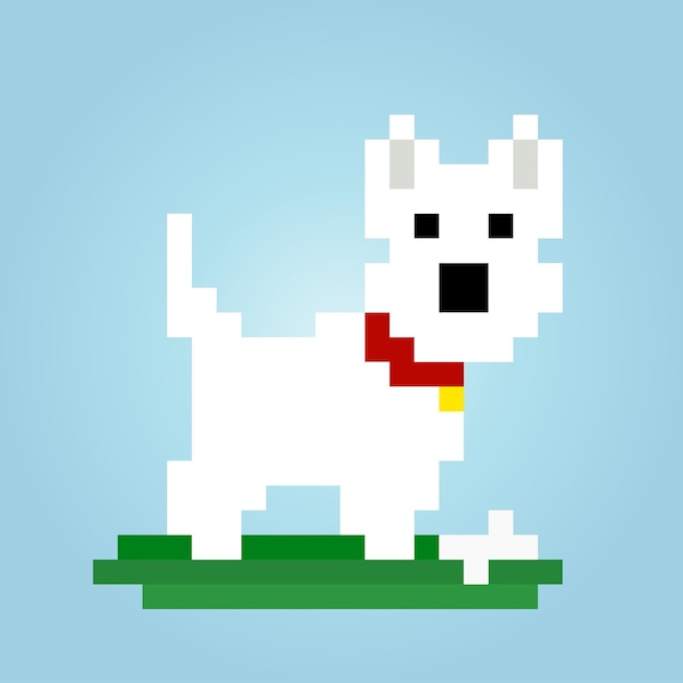 Píxel de 8 bits de perro blanco animales para juegos de activos en ilustraciones vectoriales patrón de punto de cruz