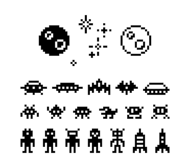 Pixel alienígenas UFO naves espaciales y planeta con estrellas 8bit pixel art espacio retro juego de arcade monstruos robots y zombies invasores iconos de silueta conjunto vectorial