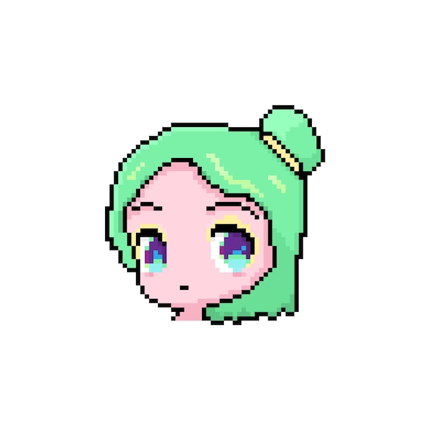 Pixel anime cara linda chica joven personaje con cabello verde