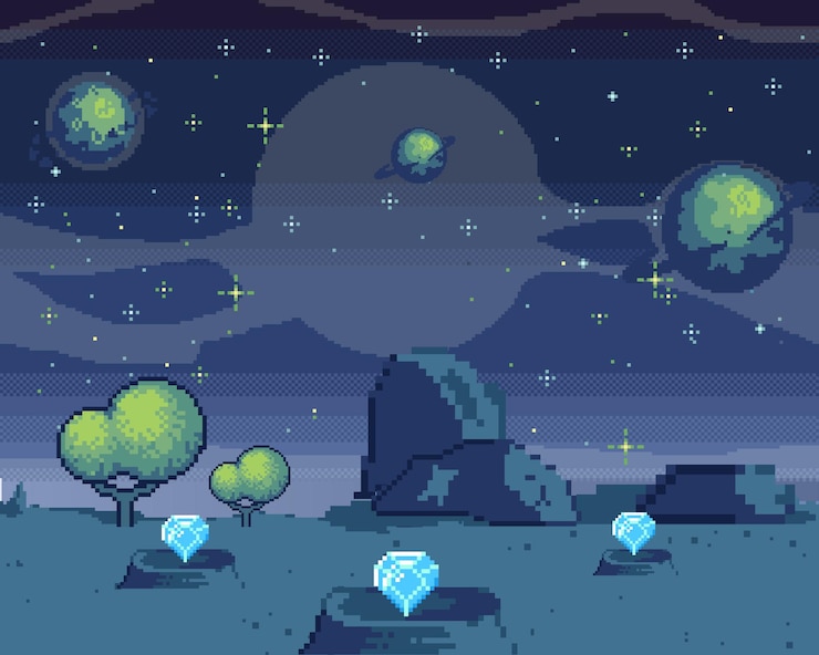 Vector pixel art área cósmica ubicación del juego escena con planetas fantásticos en el espacio ultraterrestre naves espaciales futuristas durante la guerra en el espacio programa retro de píxeles sobre la interfaz espacial vector de diseño pixelado