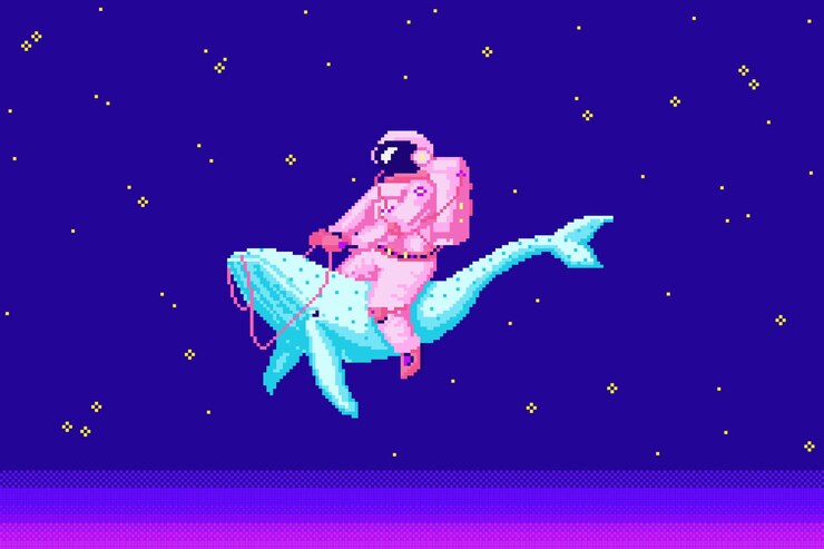Vector pixel art astronauta astronauta objetos bits arte espacial iconos digitales cosmonauta en una ballena activos retro