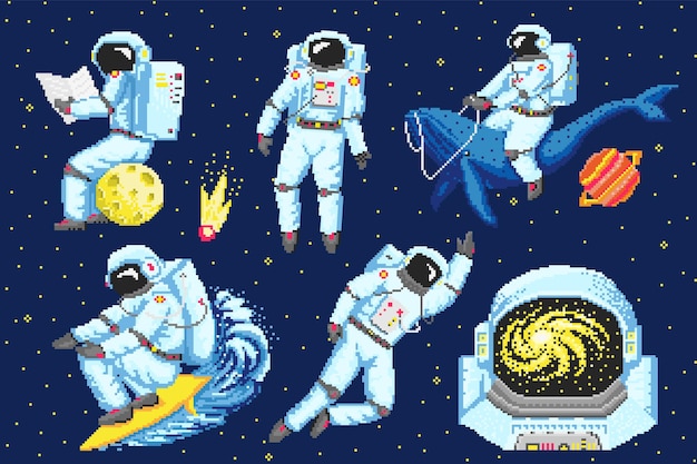 Pixel art astronauta astronauta objetos de bits arte espacial iconos digitales cosmonauta en una luna ballena y una ola