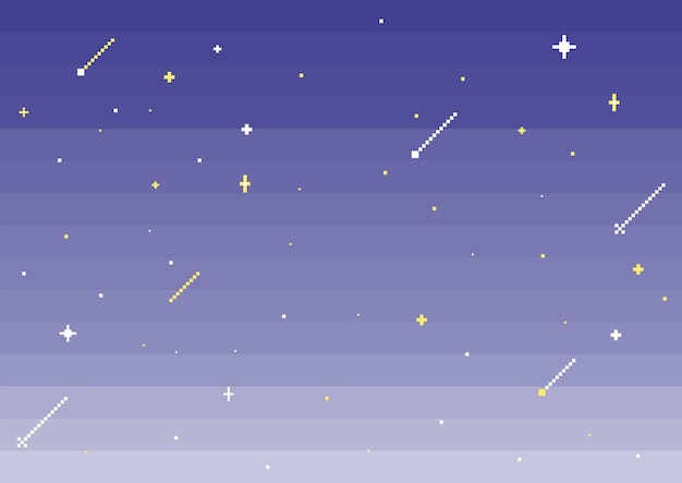 Pixel art atardecer amanecer cielo oscuro con estrellas Arcade fondo retro de 8 bits con gradación azul