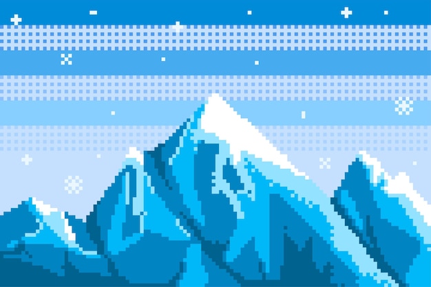 Pixel art background With mountains snow and clouds A landscape for a game or program Vector eps 10