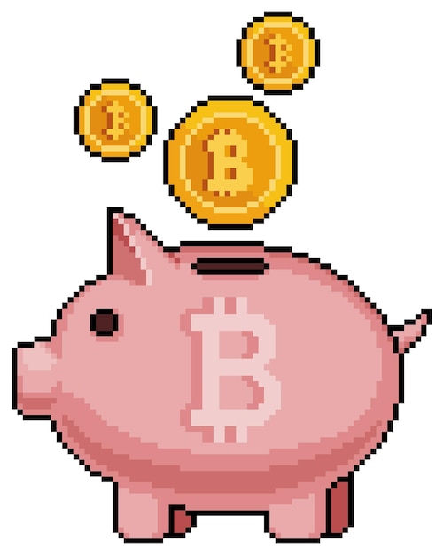 Pixel art bitcoin alcancía vector icono para juego de 8 bits sobre fondo blanco