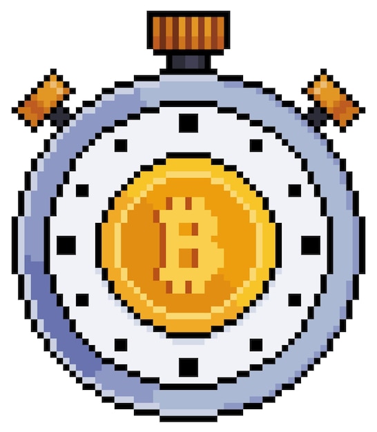 Vector pixel art bitcoin cronómetro inversión en criptomonedas vector icono para juego de 8 bits
