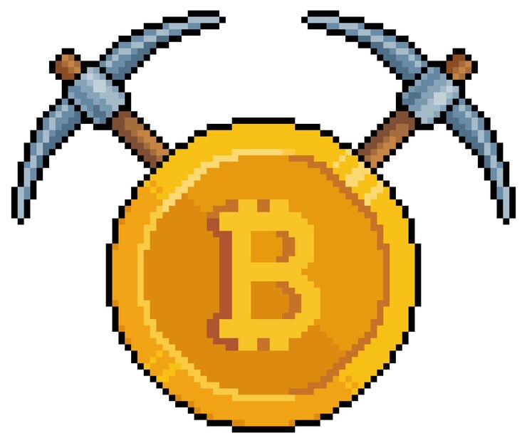 Vector pixel art bitcoin y picos minería criptomonedas vector icono para juego de 8 bits sobre fondo blanco