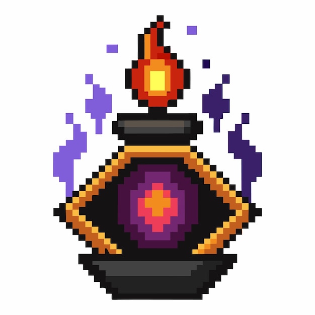 Pixel Art Botella de poción mágica con llama y chispas púrpuras Icono de juego retro