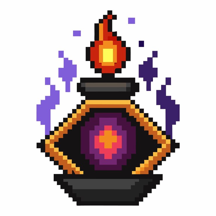 Vector pixel art botella de poción mágica con llama y chispas púrpuras icono de juego retro
