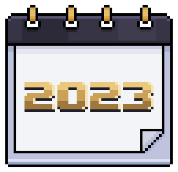 Pixel art calendar 2023 icono vectorial para juego de 8 bits sobre fondo blanco