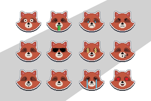 pixel art cara de mapache pegatina emoji diseño de etiqueta de píxel