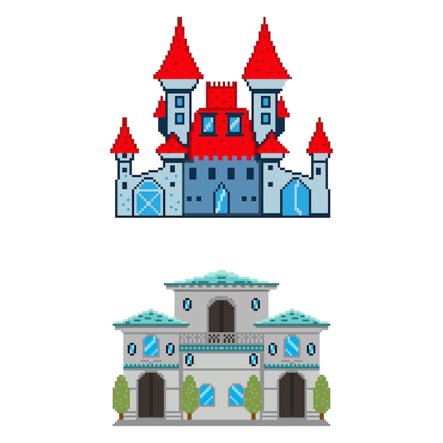 Pixel art de un castillo y una casa.