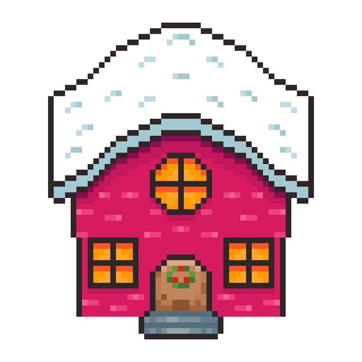 Vector pixel art christmas house with snow roof game asset design