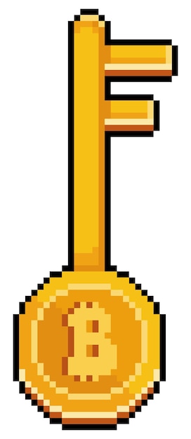 Pixel art clave de bitcoin inversión en criptomonedas icono de vector para juego de 8 bits sobre fondo blanco