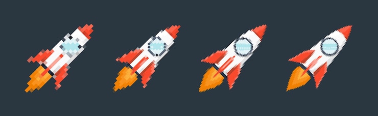 Vector pixel art cohete con senderos de fuego juegos retro de temas espaciales diseños aplicaciones o animaciones estilo 8bit para