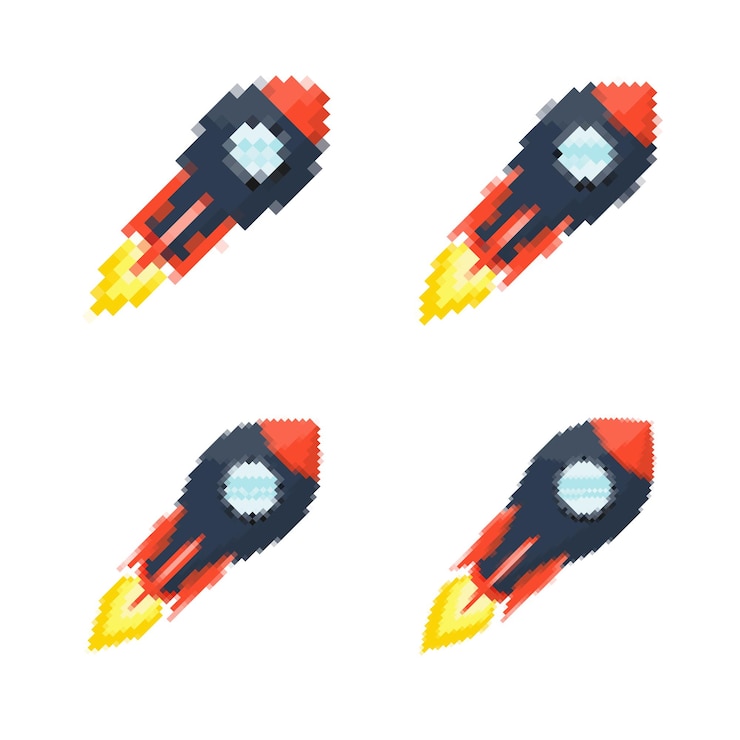 Vector pixel art cohete con senderos de fuego juegos retro de temas espaciales diseños aplicaciones o animaciones estilo 8bit para