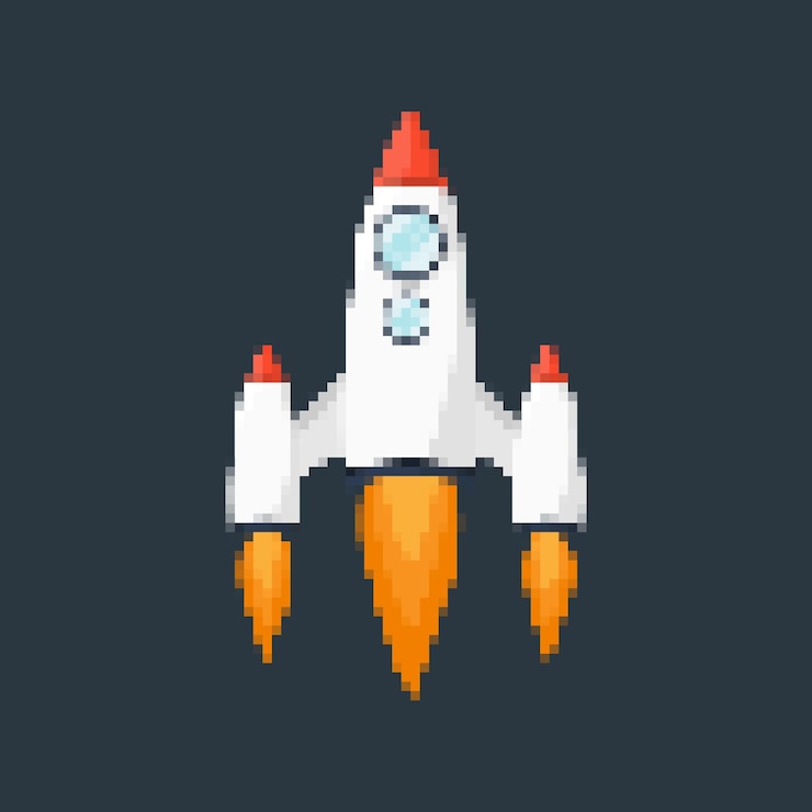Vector pixel art cohete con senderos de fuego juegos retro de temas espaciales diseños aplicaciones o animaciones estilo 8bit para