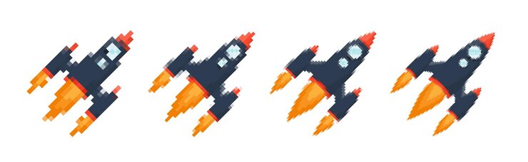 Vector pixel art cohete con senderos de fuego juegos retro de temas espaciales diseños aplicaciones o animaciones estilo 8bit para