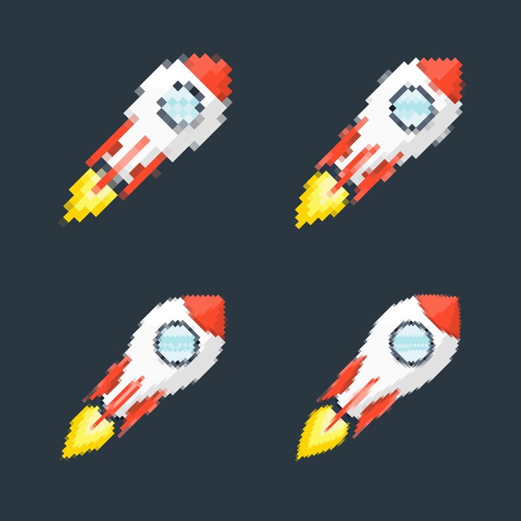 Vector pixel art cohete con senderos de fuego juegos retro de temas espaciales diseños aplicaciones o animaciones estilo 8bit para