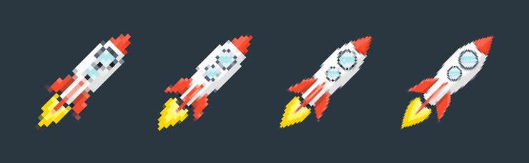Vector pixel art cohete con senderos de fuego juegos retro de temas espaciales diseños aplicaciones o animaciones estilo 8bit para