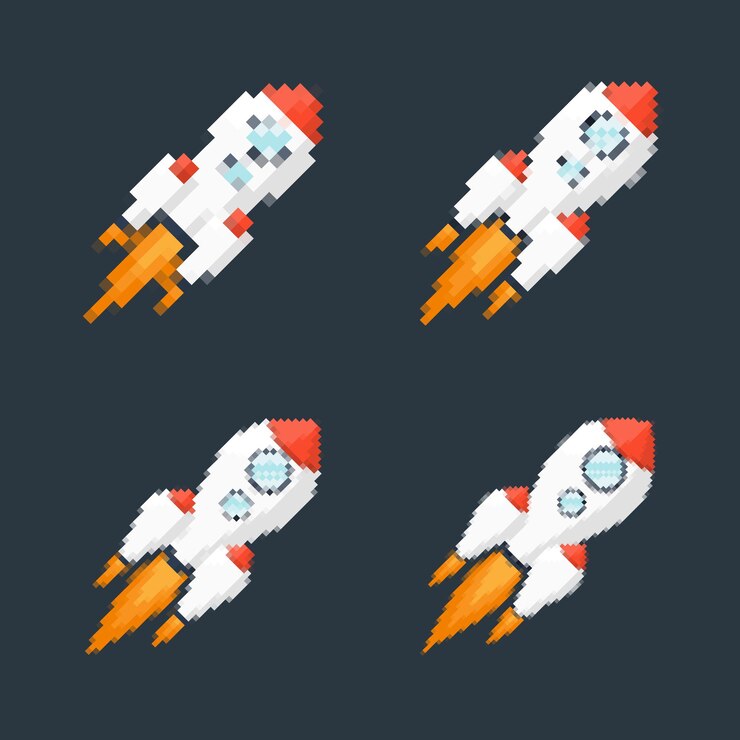 Vector pixel art cohete con senderos de fuego juegos retro de temas espaciales diseños aplicaciones o animaciones estilo 8bit para