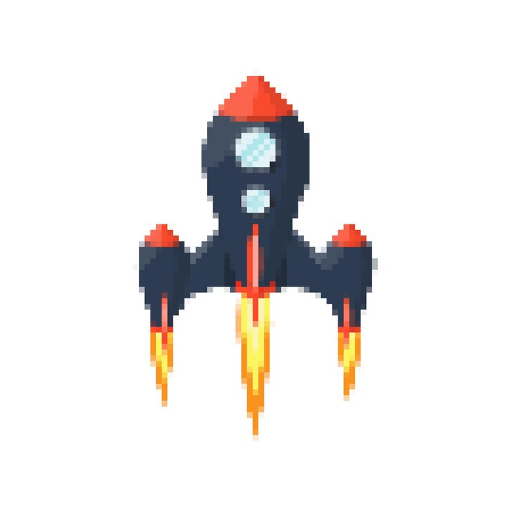 Vector pixel art cohete con senderos de fuego juegos retro de temas espaciales diseños aplicaciones o animaciones estilo 8bit para