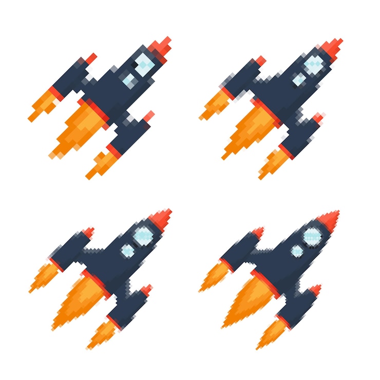 Vector pixel art cohete con senderos de fuego juegos retro de temas espaciales diseños aplicaciones o animaciones estilo 8bit para