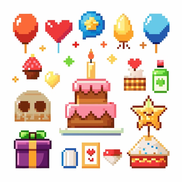 Pixel art colección de elementos de cumpleaños felices Conjunto de íconos de fiestas navideñas de globos actuales Colorido