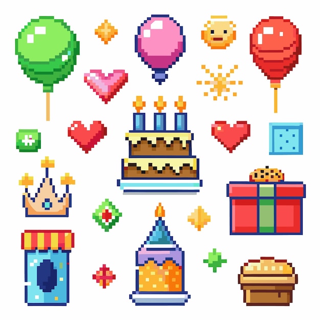 Pixel art colección de elementos de cumpleaños felices Conjunto de íconos de fiestas navideñas de globos actuales Colorido