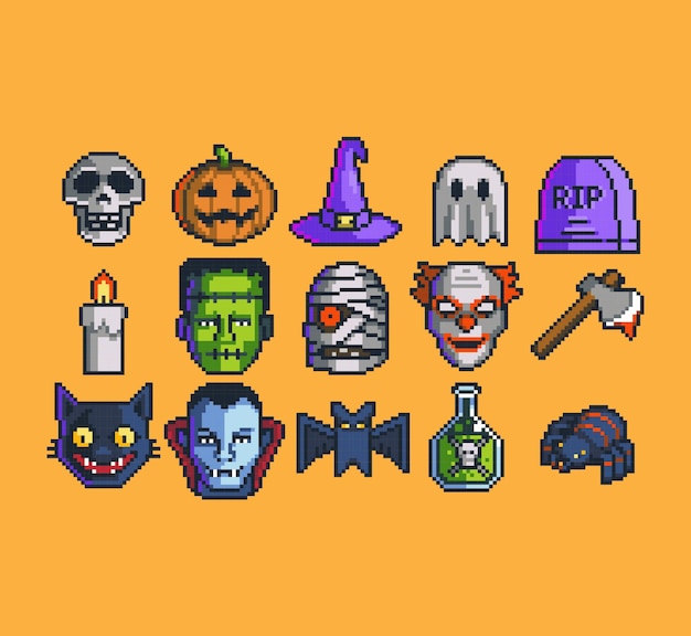 Pixel art Conjunto de iconos de Halloween Iconos pixelados de Halloween Paquete de iconos de Halloween