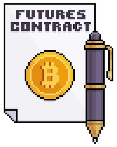 Pixel art contrato de futuros de bitcoin icono de vector de papel y pluma para juego de 8 bits sobre fondo blanco