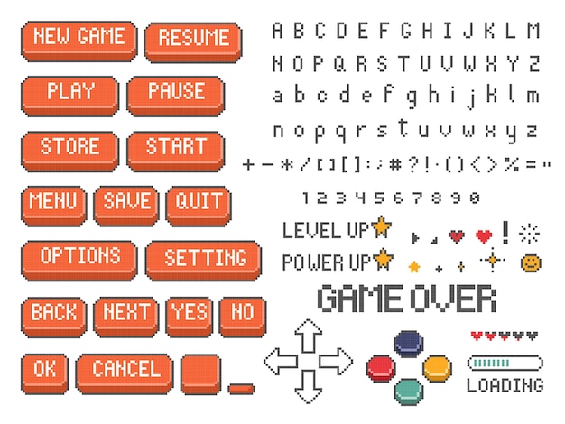 Pixel Art Elementos de la interfaz de usuario del juego y tipografía