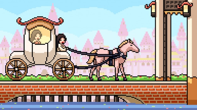 Pixel art escena cuentos de hadas carro