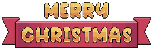 Pixel art feliz navidad texto e icono de vector de banner rojo para juego de 8 bits sobre fondo blanco