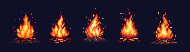 Pixel art fogata hoguera roja fogata leña ardiendo con gran llama y chispas en el fondo de la noche oscura 8 bits pixel estilo de videojuego conjunto vectorial aislado