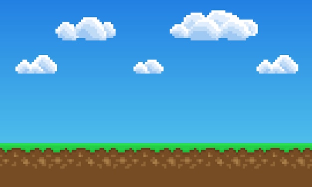 Vector pixel art game background, grass, sky and clouds