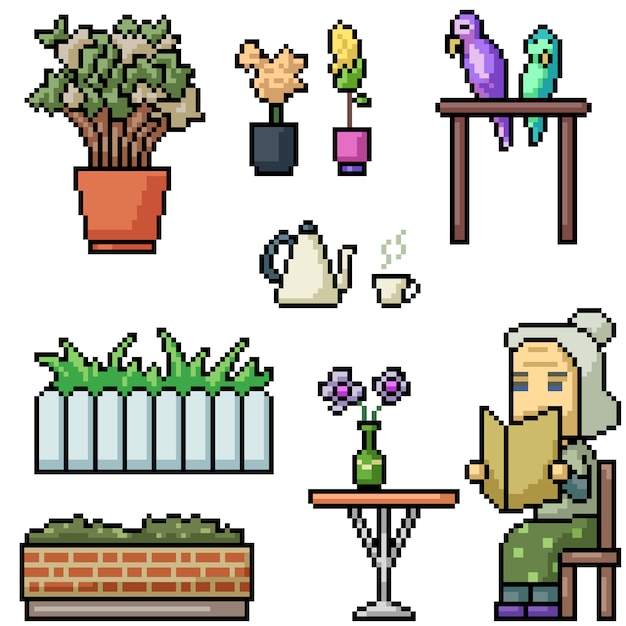 pixel art grandma relax con flores, plantas y loros