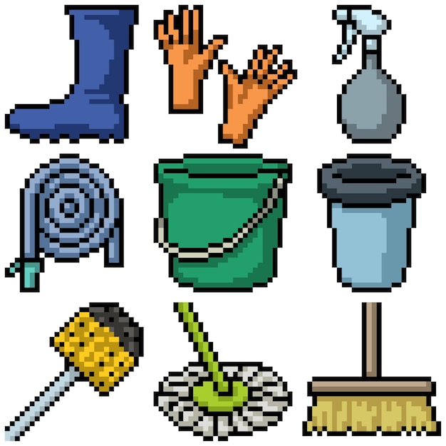 Pixel art de herramientas de limpieza de la casa