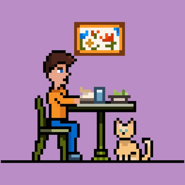 Pixel art de un hombre comiendo solo y su gato debajo de la mesa