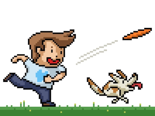 Pixel art hombre juega con perro