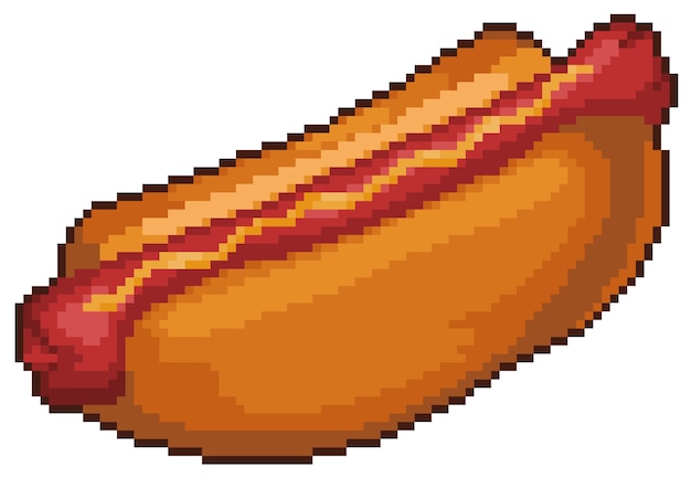 Pixel art hot dog artículo de comida rápida para el juego bit sobre fondo blanco.