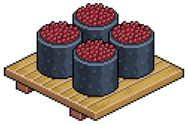 Pixel art ikura nigiri en tablero de madera para icono de vector de sushi para juego de 8 bits sobre fondo blanco