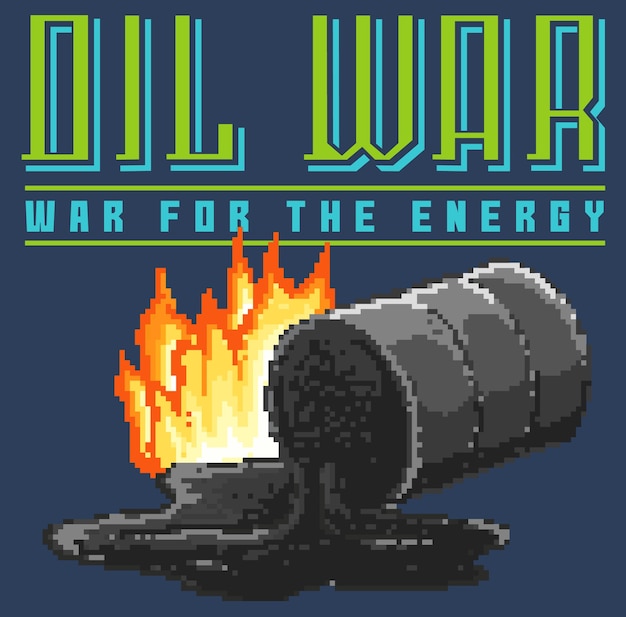 Vector pixel art inspirado en la clásica consola de videojuegos de los 80 mezclado con un mensaje sobre la guerra y el petróleo.