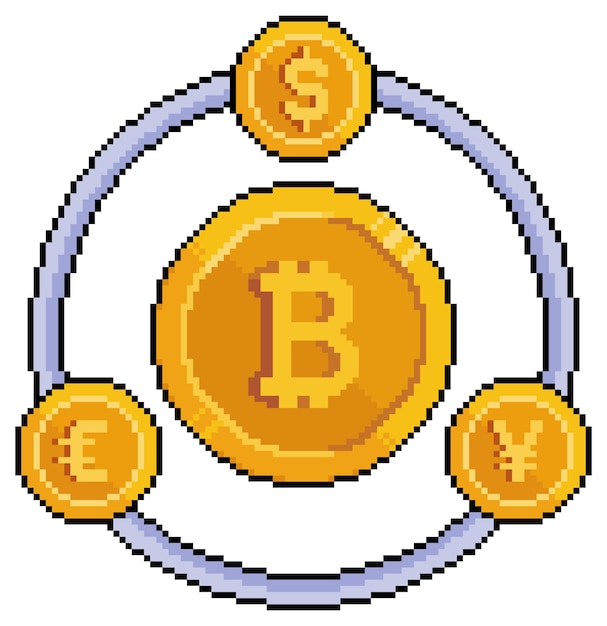 Pixel art intercambia monedas fiduciarias por bitcoin. icono de vector de dólar, euro y yen para juego de 8 bits