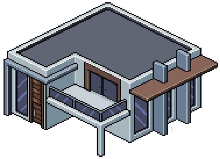 Vector pixel art isométrica construcción de casas modernas aislada en blanco