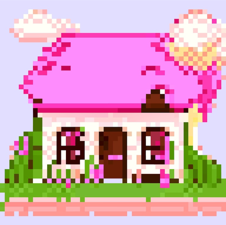 Vector pixel art linda casa rosa